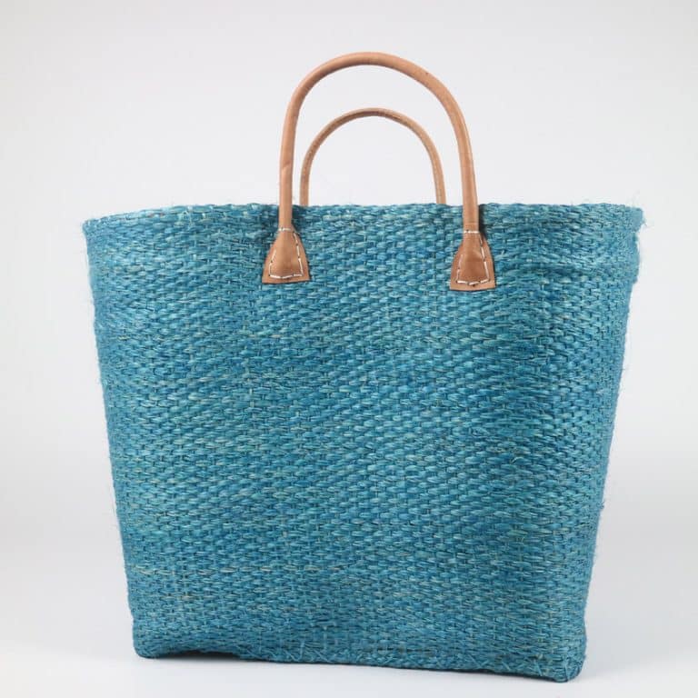 Large White Sisal Purse With Leather Cinch Top