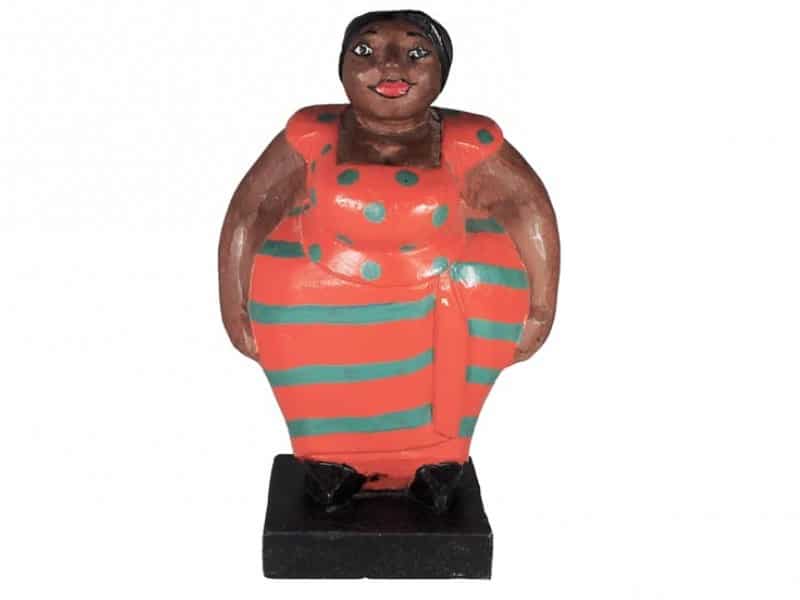 Mama Africa Wood Sculpture - Orange Dress with Green Stripes