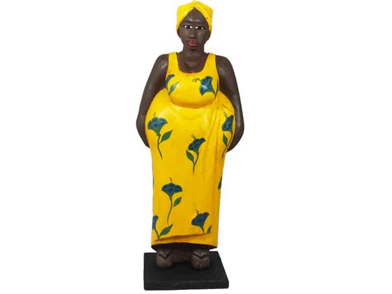 Mama Africa Wood Sculpture - Yellow with Blue Flowers