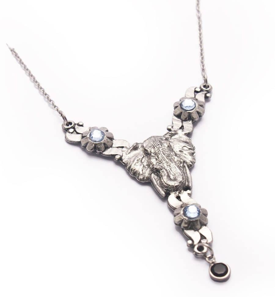 Floral Elephant Head Necklace (Clear & Black Crystal)