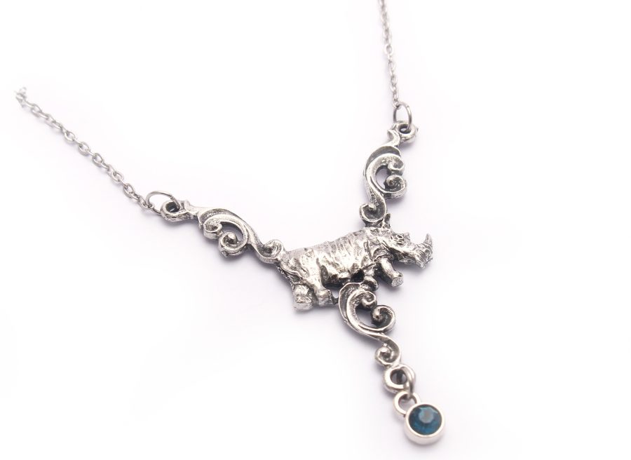 Curly Rhino Necklace (Blue Crystal)