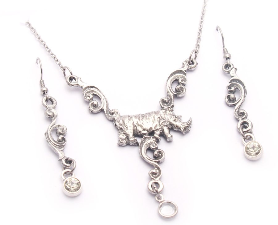Curly Rhino Necklace & Earring Set (Clear Crystal)