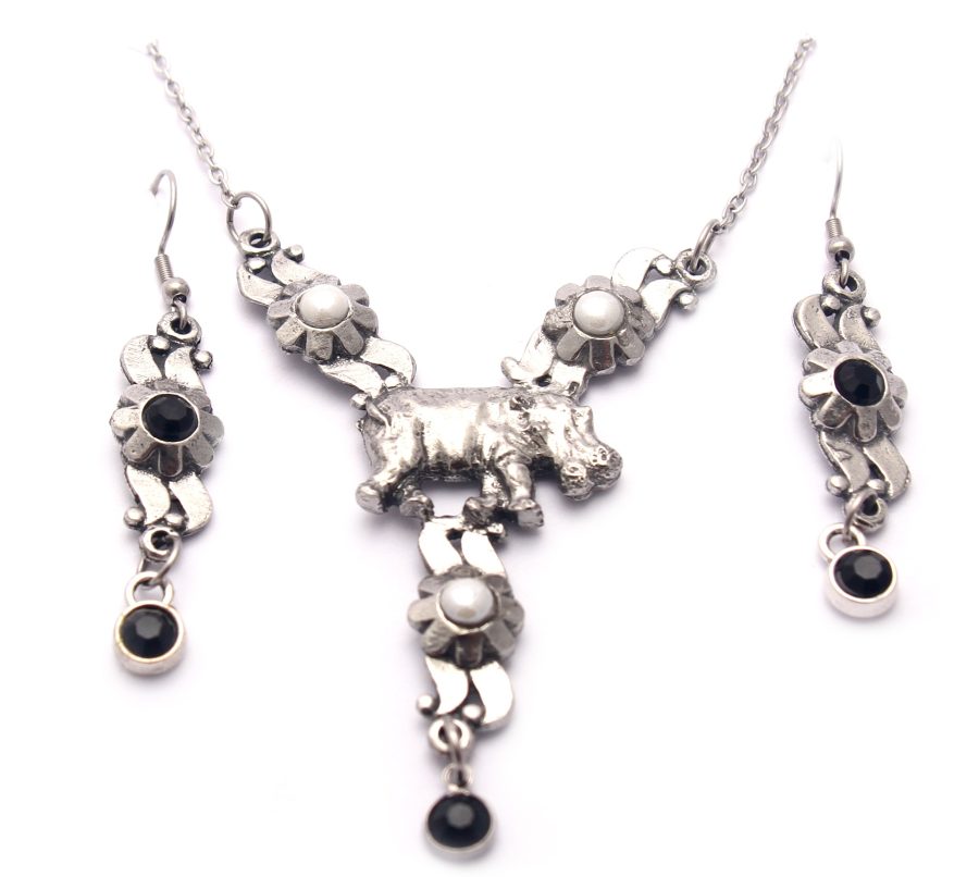 Floral Hippo Necklace & Earring Set (Black Crystal)