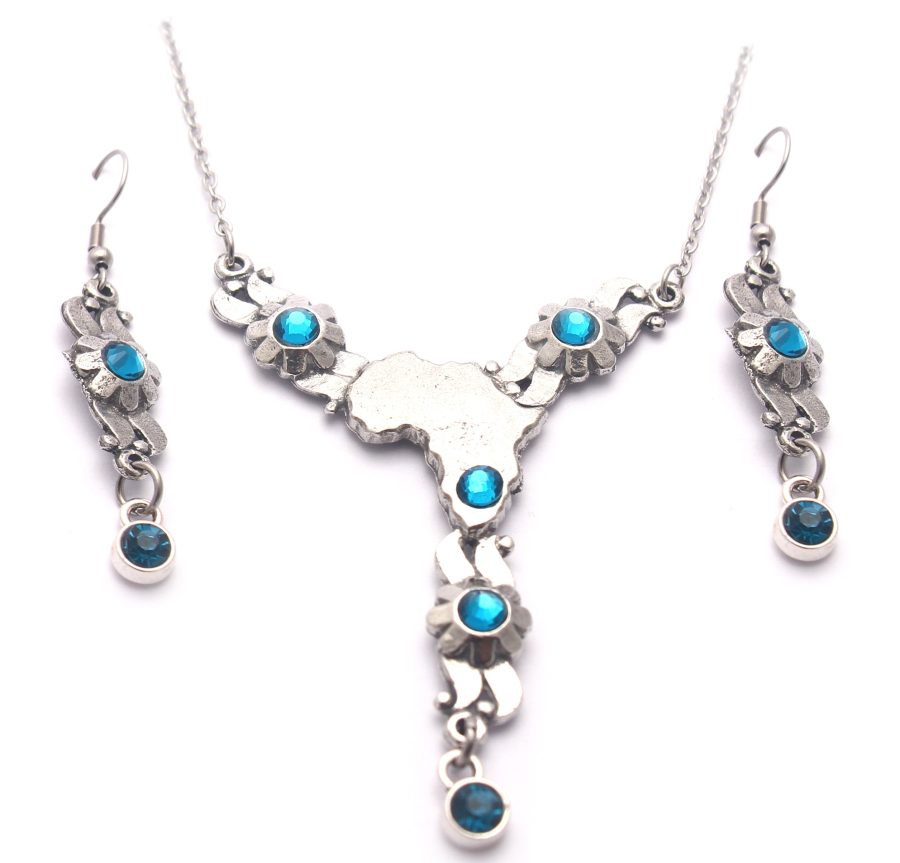 Floral Africa Necklace & Earring Set (Turquoise & Blue Crystal)