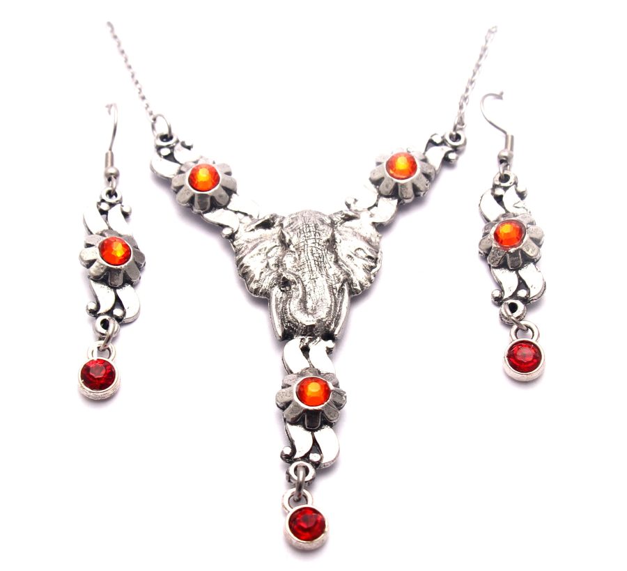Floral Elephant Head Necklace & Earring Set (Red Crystal)