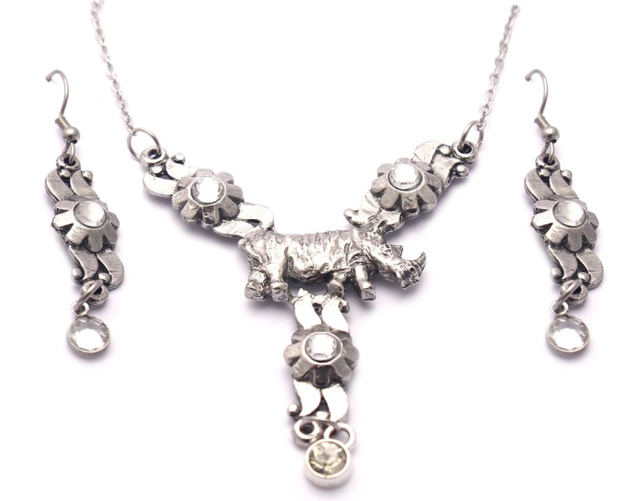 Floral Rhino Necklace & Earring Set (Clear Crystal)
