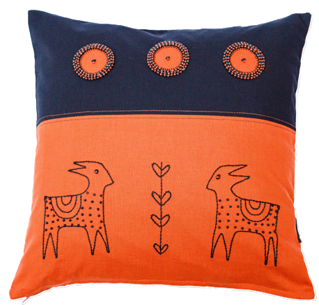 Buck & Beaded Cushion Cover: Orange & Navy