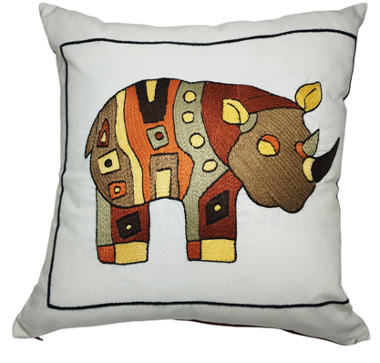 Hand-Embroidered Cushion Cover: Rhino (Earth)